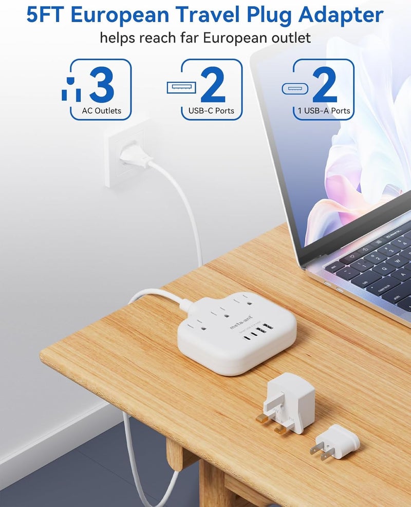 meta-ant European Travel Plug Adapter, International Power Adapter, US to UK Europe Power Strip for EU/UK/US with 3 AC Outlets & 4 USB(2 USBC), 5ft Extension Cord, Type C for EU UK Europe Germany France, White - Image 3